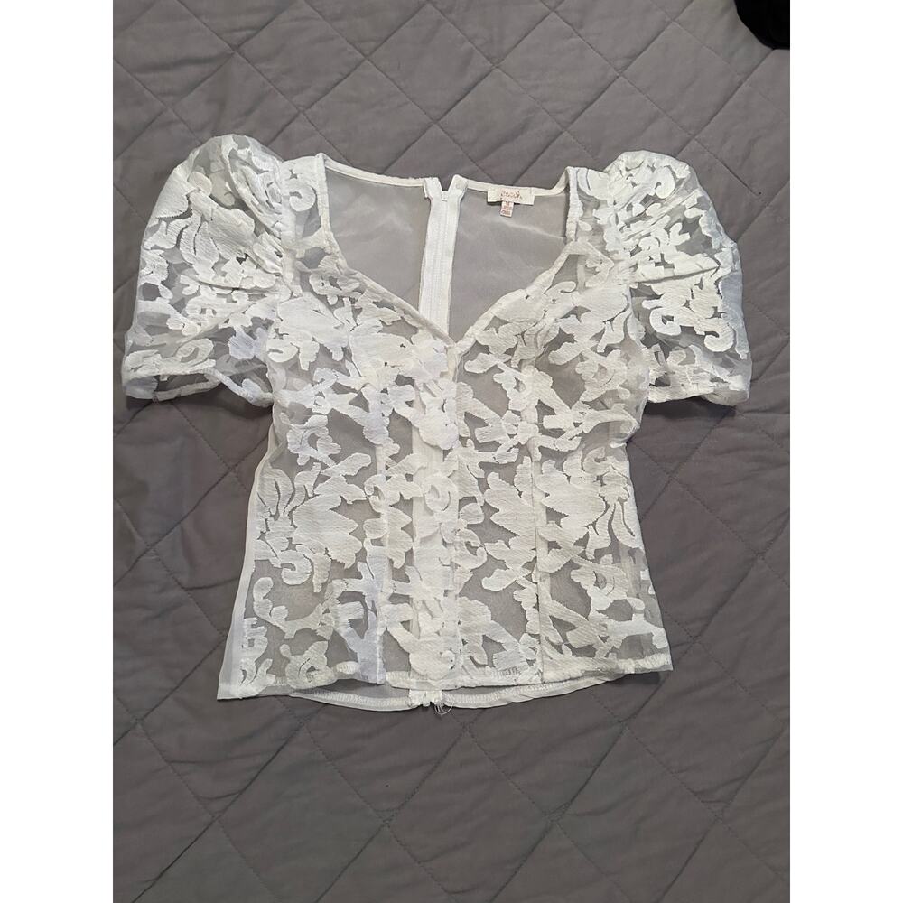 White embroidered lace corseted mesh top